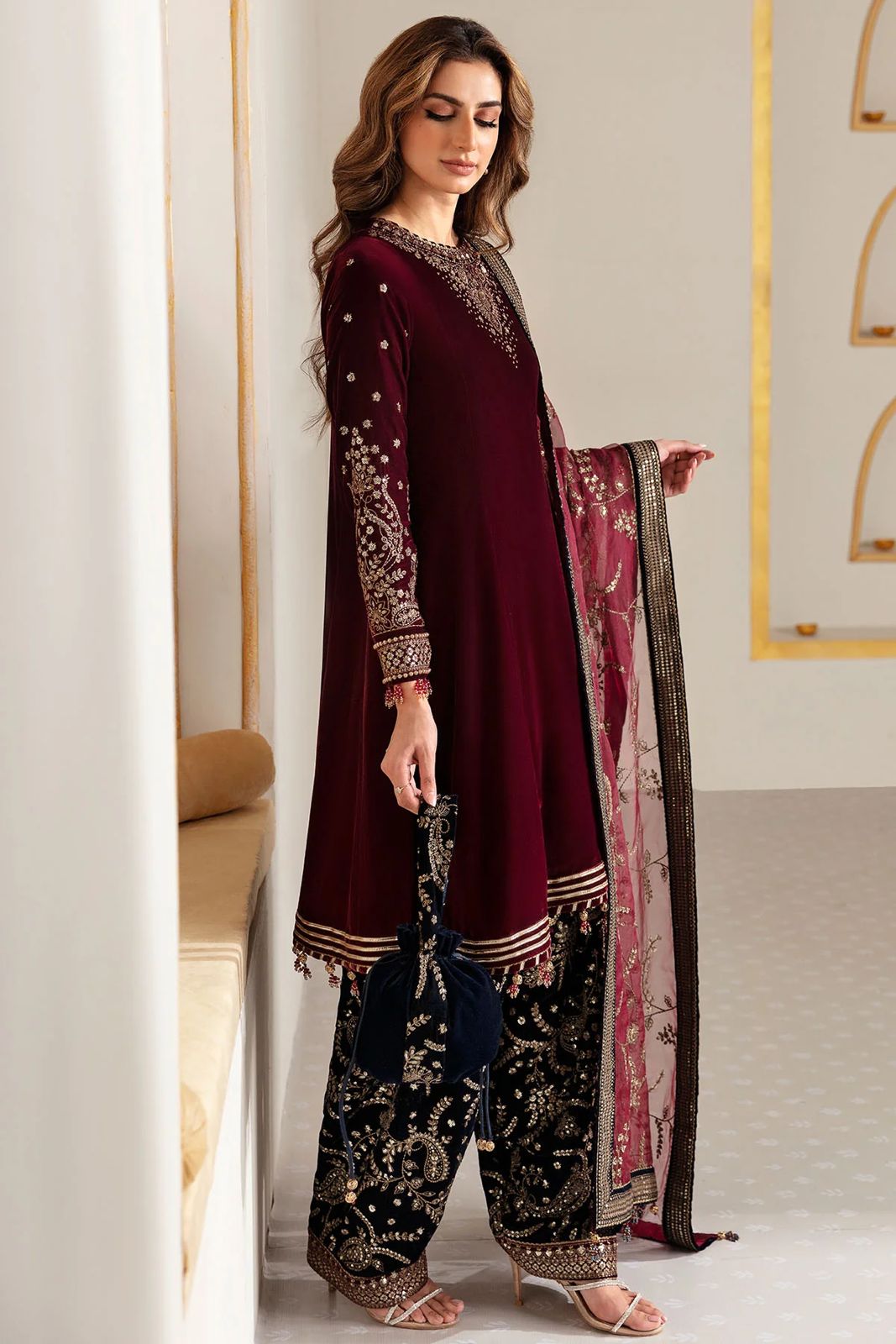 3PC Unstitched Dhanak Embroidered Shirt with Embroidered Dhanak Shawl and Trousers -AB117