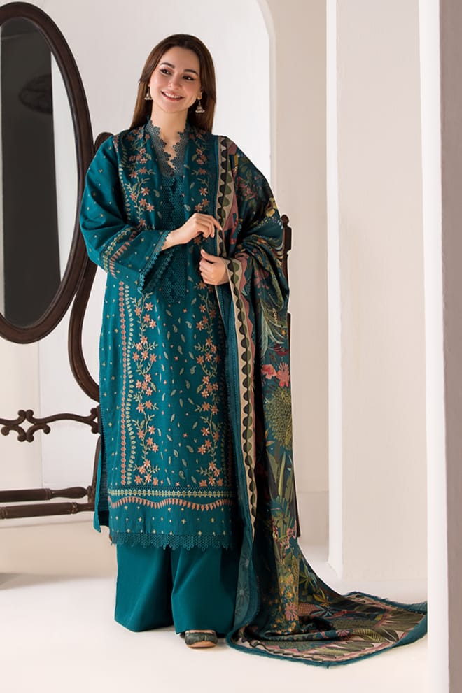 3Pc Dhanak Embroidery Sute Printed Wool  Shawl(Unstiched) -ABDHANAK-02