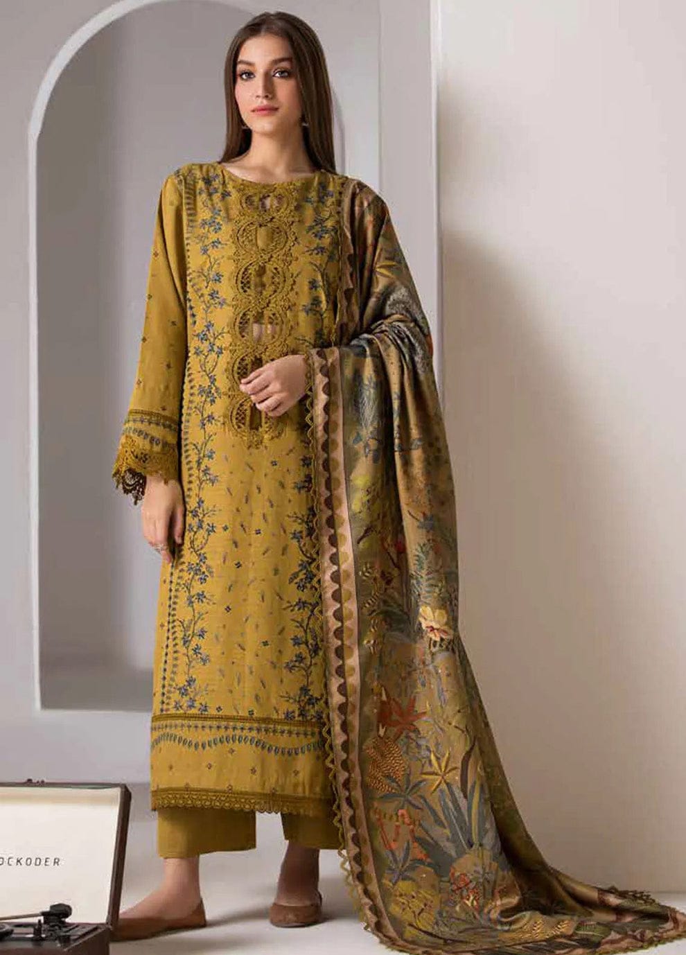 3Pc Dhanak Embroidery Sute Printed Wool  Shawl(Unstiched) -ABDHANAK-03