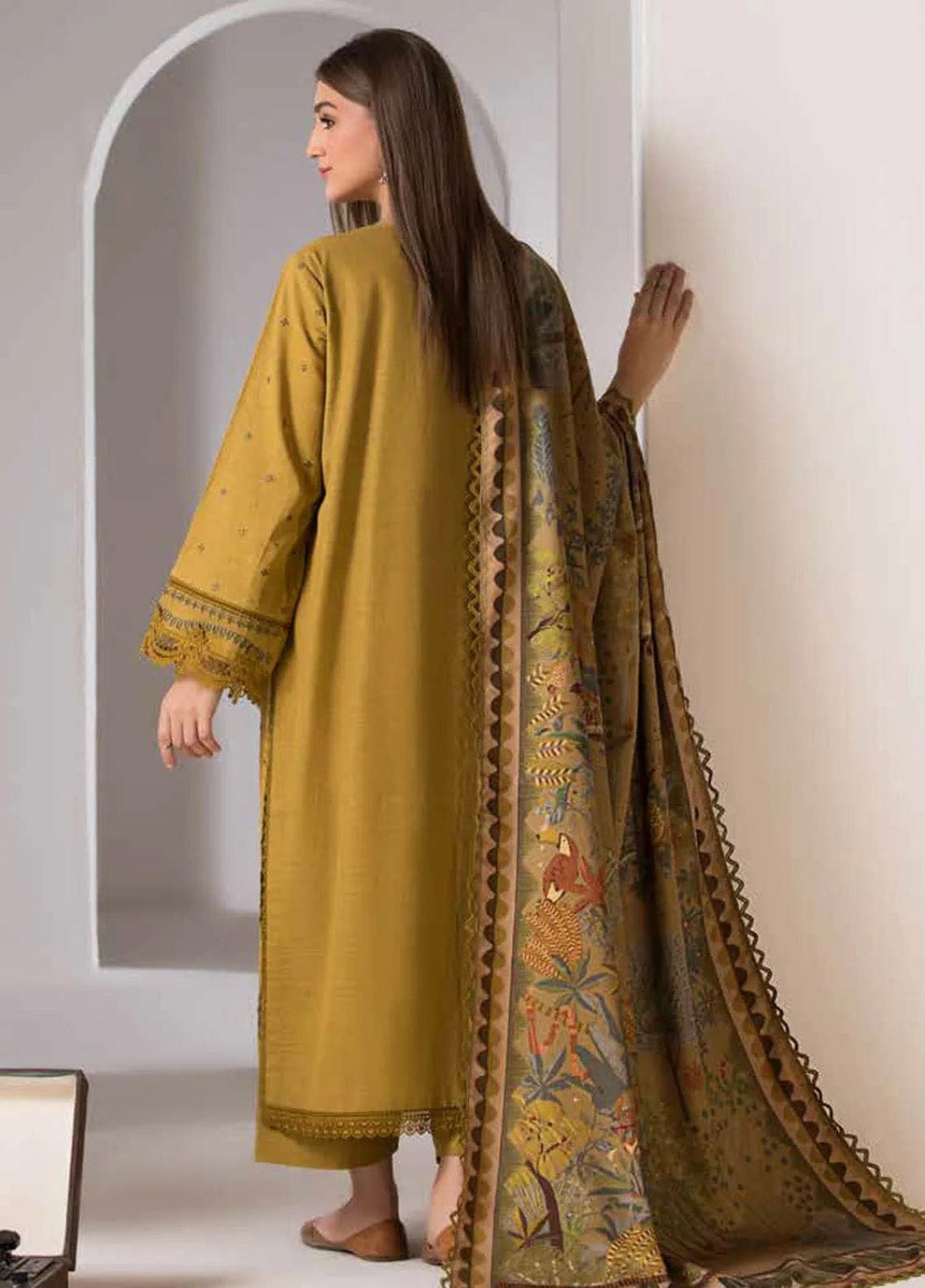 3Pc Dhanak Embroidery Sute Printed Wool  Shawl(Unstiched) -ABDHANAK-03