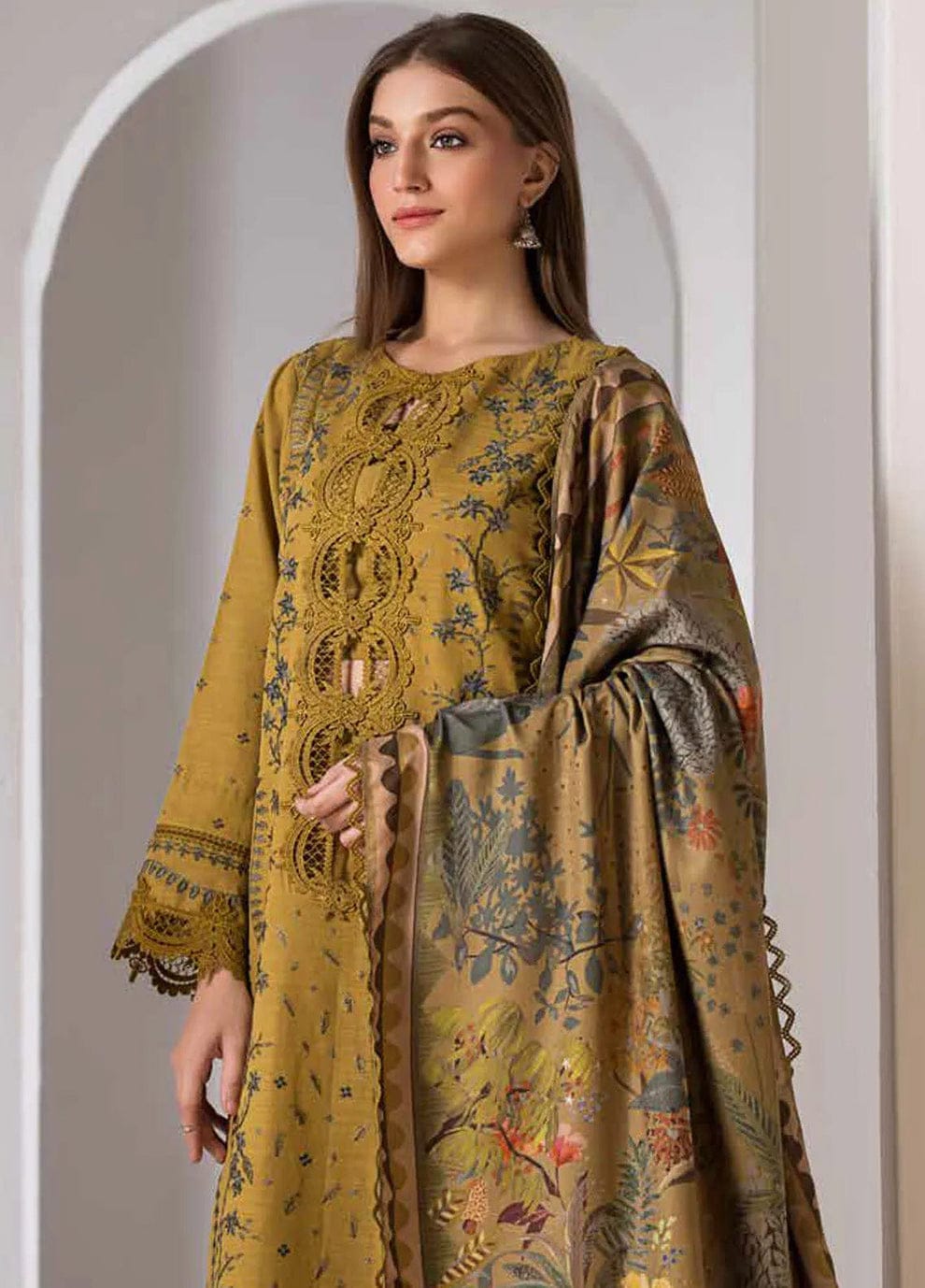 3Pc Dhanak Embroidery Sute Printed Wool  Shawl(Unstiched) -ABDHANAK-03