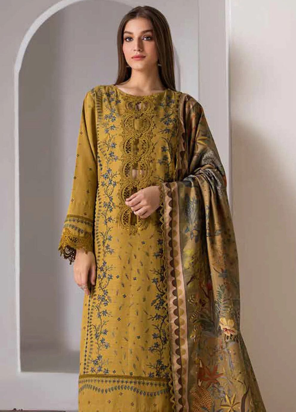 3Pc Dhanak Embroidery Sute Printed Wool  Shawl(Unstiched) -ABDHANAK-03