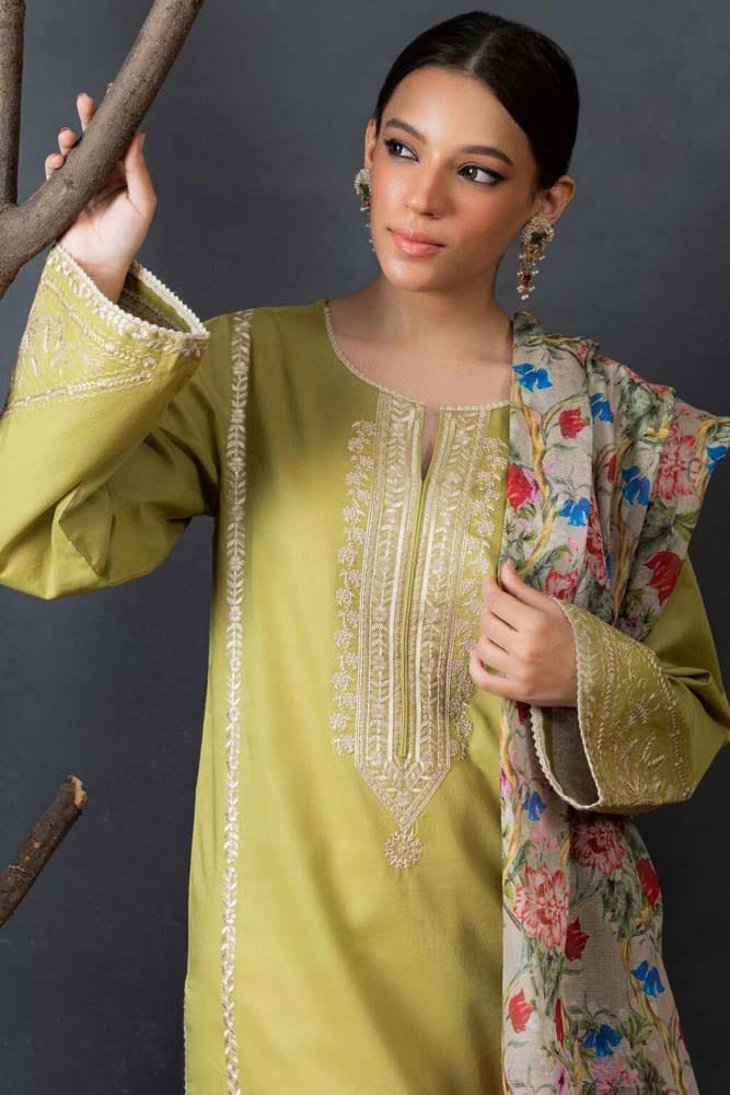 3PC Unstitched Dhanak Embroidered Shirt, AB30