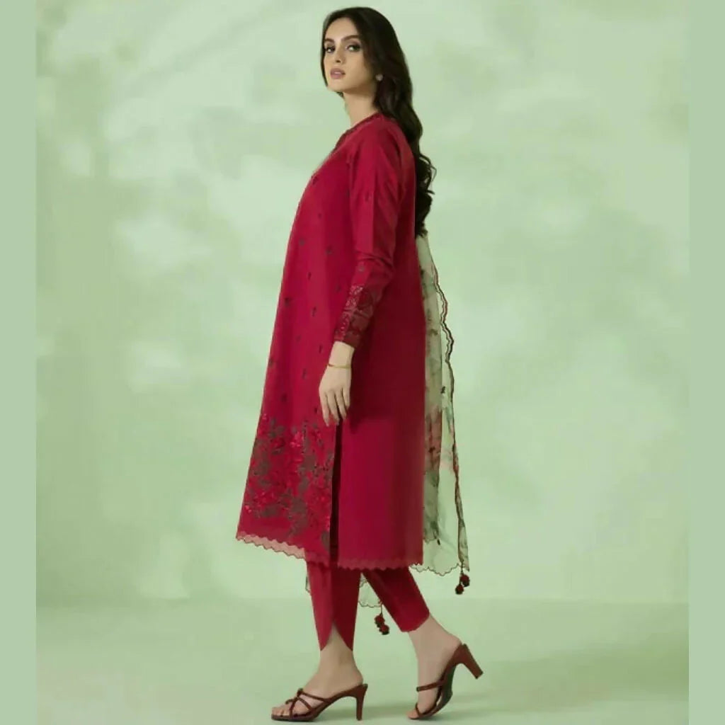 3PC Unstitched  Embroidered Shirt, AB34