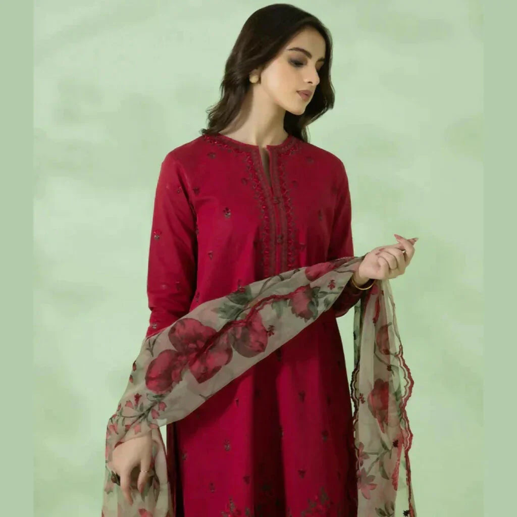 3PC Unstitched  Embroidered Shirt, AB34