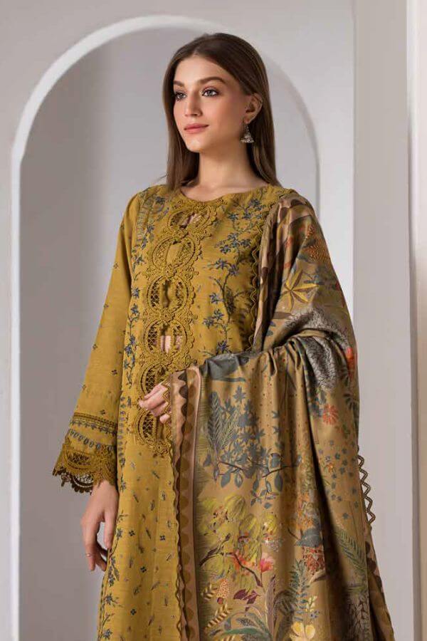 3PC Unstitched Dhanak Embroidered Shirt with Embroidered Dhanak Shawl and Trousers -AB111
