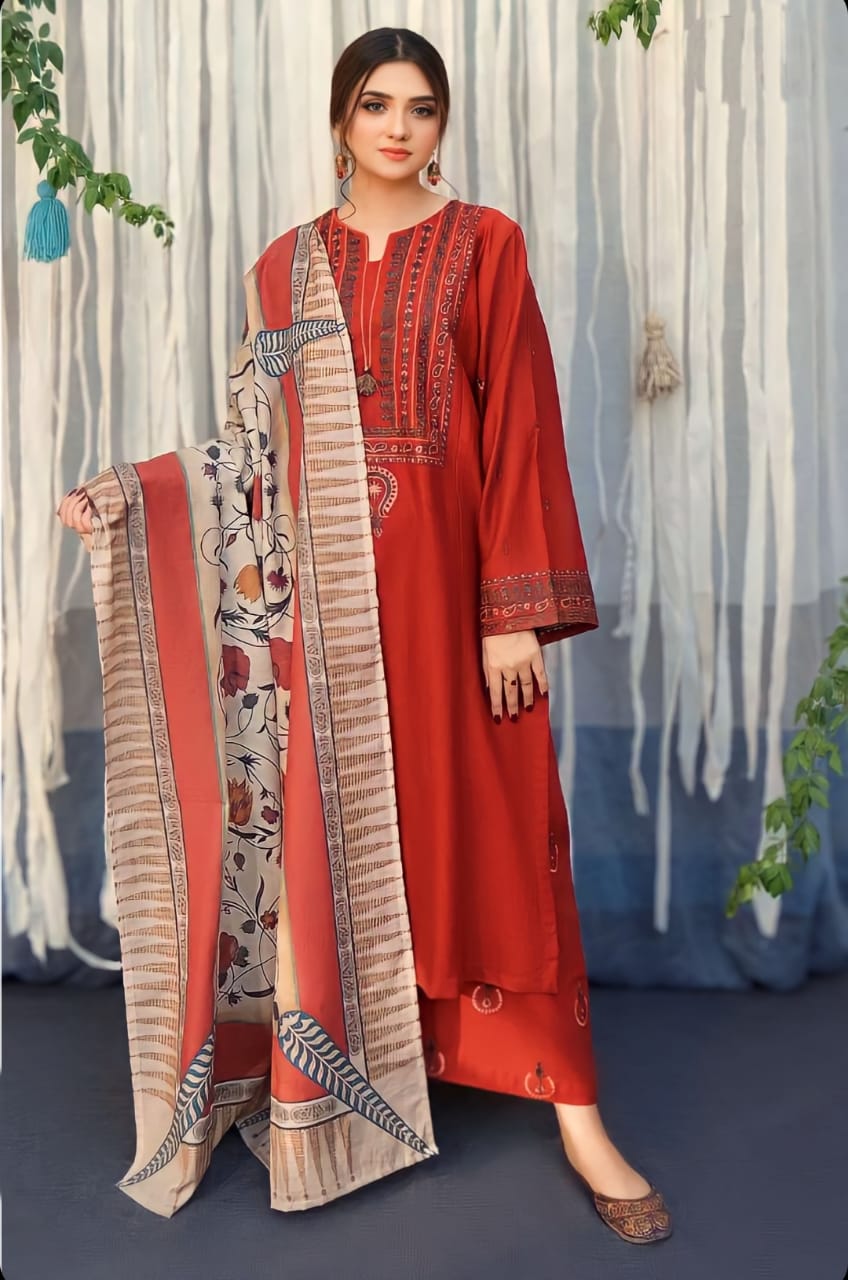 3PC Unstitched Dhanak Embroidery Suit-AB20
