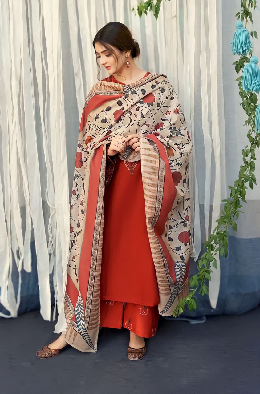 3PC Unstitched Dhanak Embroidery Suit-AB20