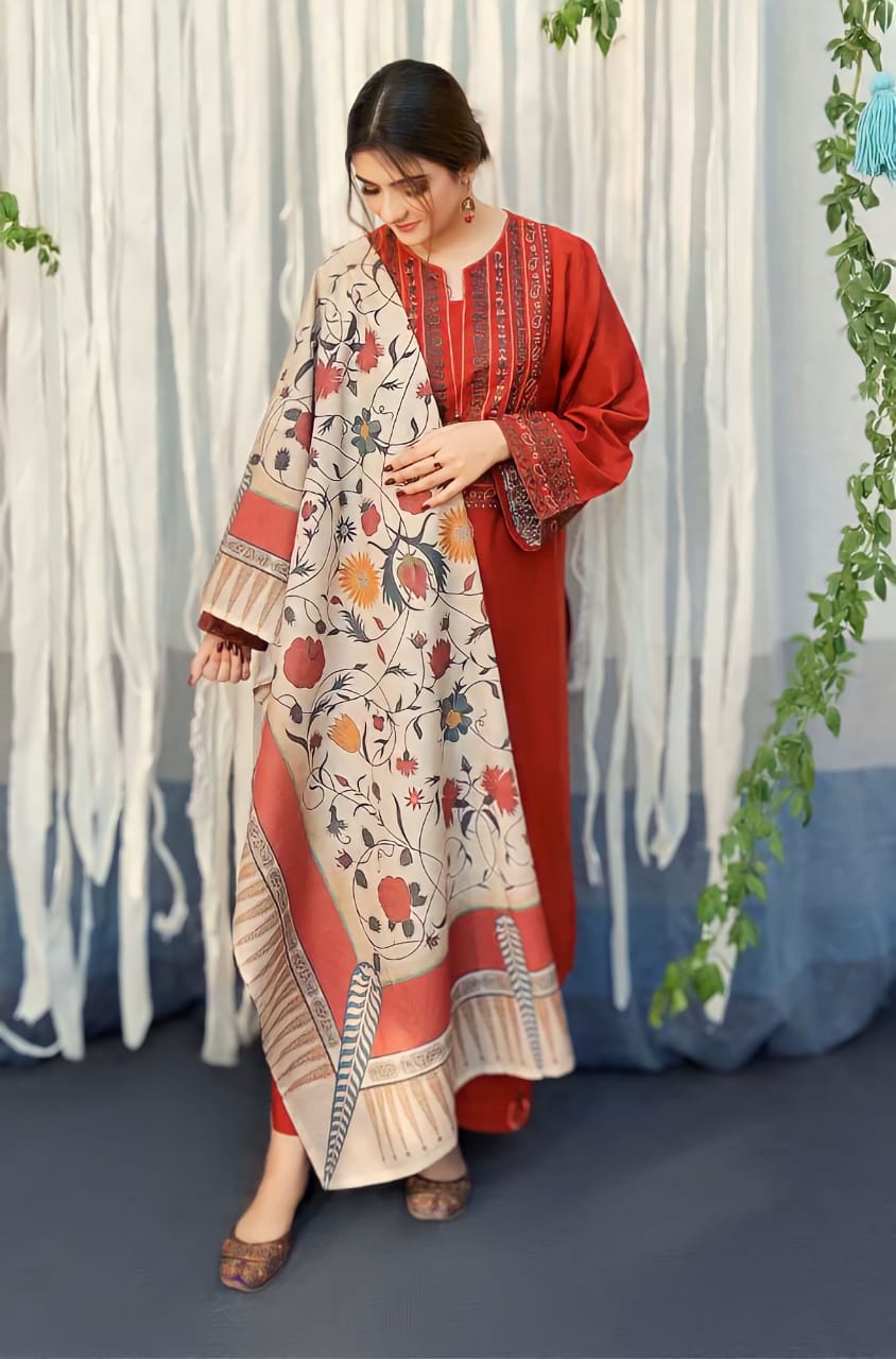 3PC Unstitched Dhanak Embroidery Suit-AB20