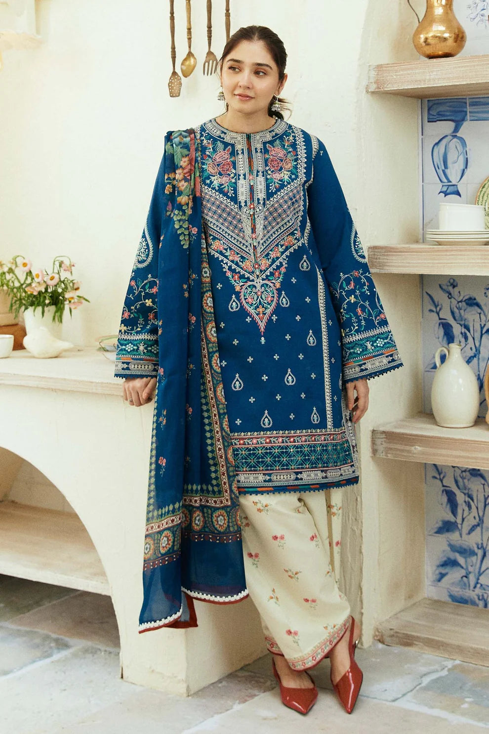 3PC Unstitched Dhanak Embroidered Shirt with Embroidered Dhanak Shawl and Trousers -AB113